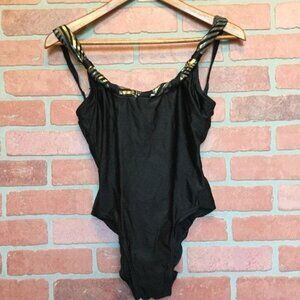 Vintage 80s 90s Pierre Cardin Swimsuit High Cut One Piece Black Gold Metallic